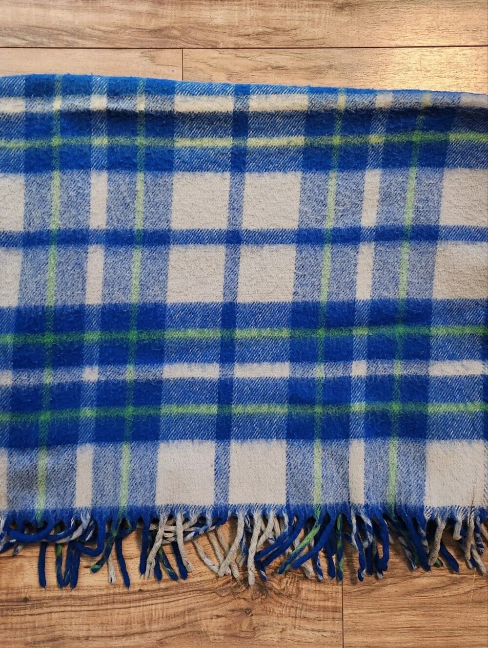 Vintage Faribo Blue Green Plaid Tassel Wool Throw Blanket